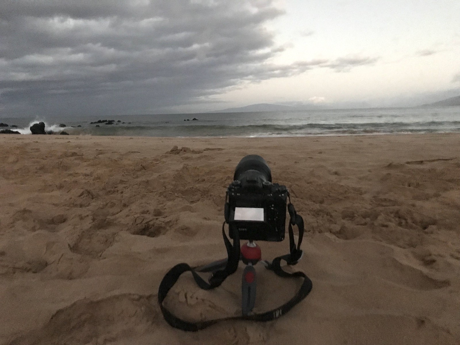 The beach setup—not shown is the sneaker wave that rushed on shore and I backflipped with the camera to avoid it. Here’s video of the same scene.